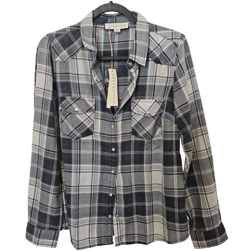 Lovestitch Womens Navy Gray Plaid Pearl Snap Button Up Shirt Medium NWT